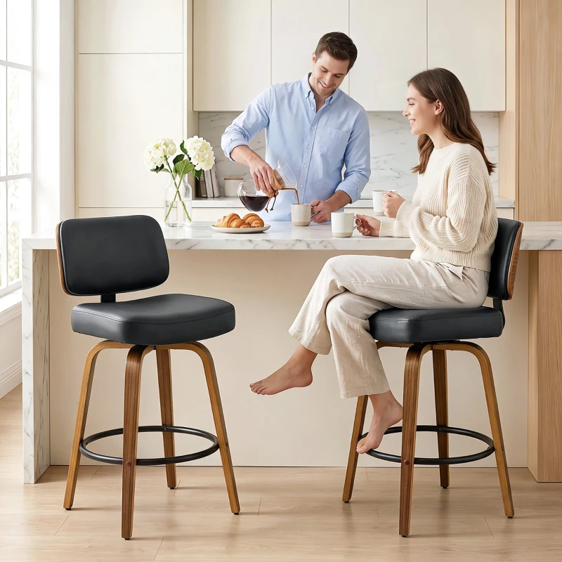 HOMCOM Bar Stools Set of 2 Modern Swivel PU Leather Upholstered Counter Height Bar Chairs, Black