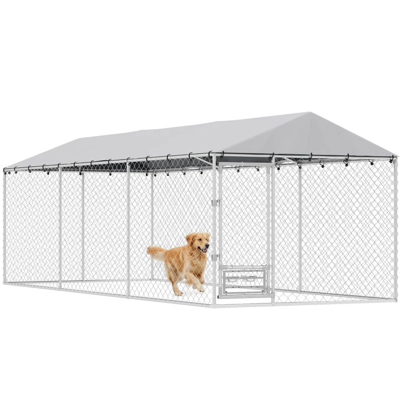 PawHut Dog Kennel Outdoor Dog Run Waterproof UV-Resist Cover Lockable Door Adjustable Bowls 20 x 7.5 x 6.5ft