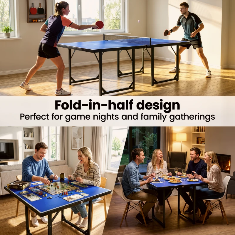 Soozier 6x3 ft Compact Midsize Table Tennis Table Multi-Use Family Ping-pong Table Free Standing Folding Blue