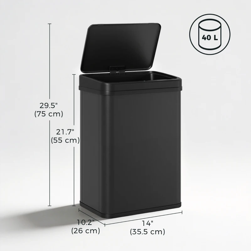 HOMCOM 10.6 Gal (40 L) Automatic Garbage Can w/ Soft-Close Lid, Trash Can with Fingerprint Resistant Stainless Steel, Black