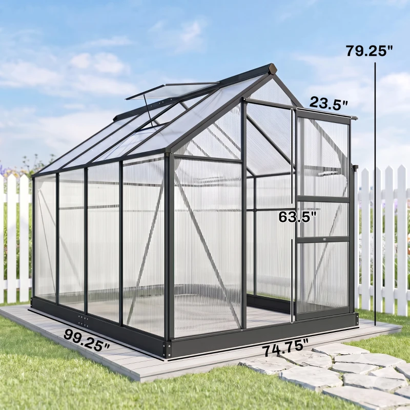 Outsunny Polycarbonate Greenhouse, Heavy Duty Outdoor Aluminum Walk-in Green House Kit Vent Door, 6.2'x8.3'x6.6' Gray