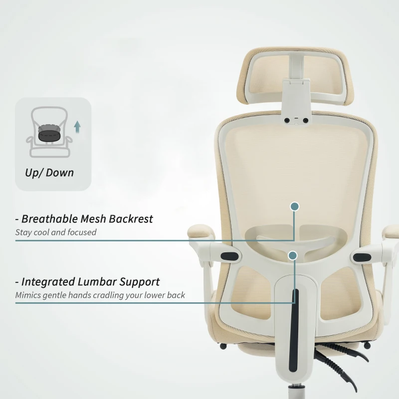 HOMCOM Ergonomic Office Chair, Mesh Reclining Desk Chair with Adjustable Lumbar Support, Headrest, Beige