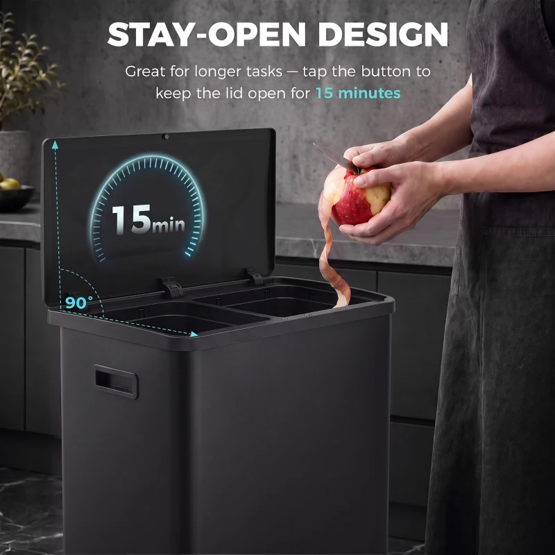 HOMCOM Automatic Trash Can, 15.8Gal / 60L Touchless Garbage Can with Dual Compartments, Stainless Steel, Black