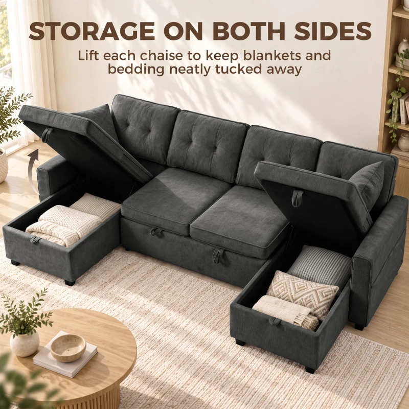 HOMCOM Sectional Sofa Bed, 113" U Shaped Pull Out Sleeper Sofa Bed with Dual Storage Chaises, Wide and Deep Seat, Dark Grey
