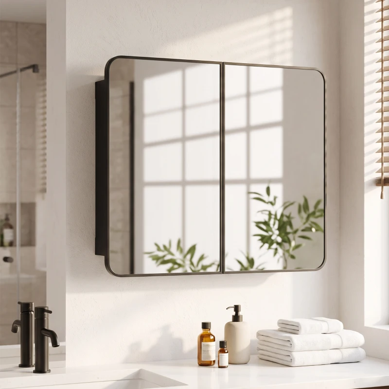 HOMCOM 30 x 24 Inch Bathroom Medicine Cabinet with Mirror, Adjustable Shelves, Wall-Mounted or Recessed, Black