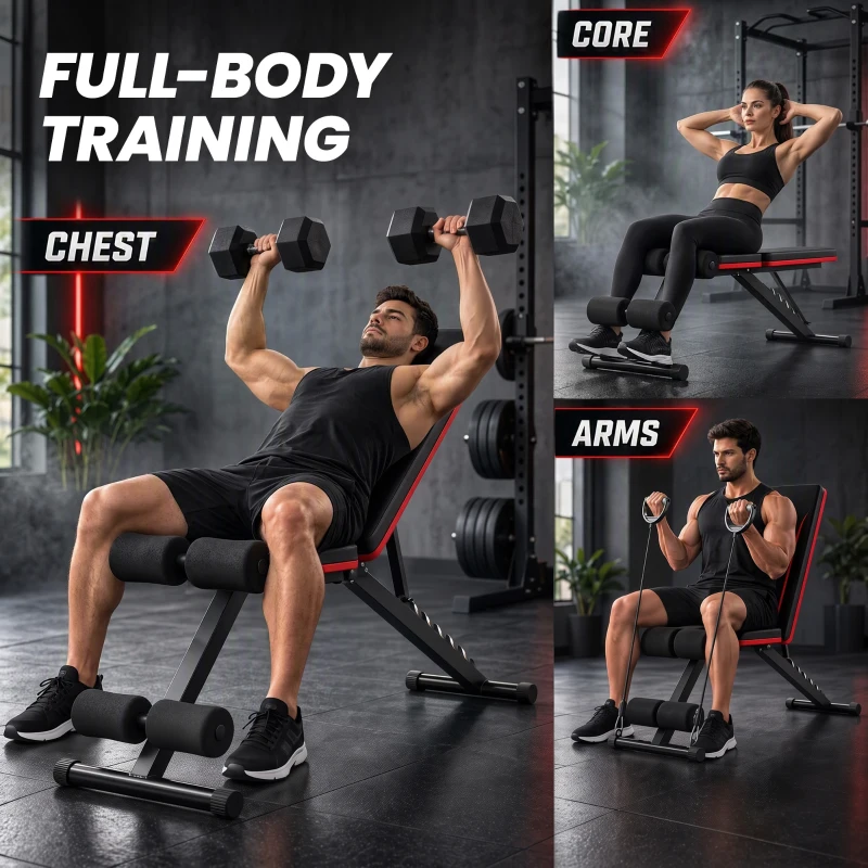 Soozier Adjustable Weight Bench for Home Gym, Foldable Incline Decline Bench Press with Resistance Bands, 7-Position Backrest