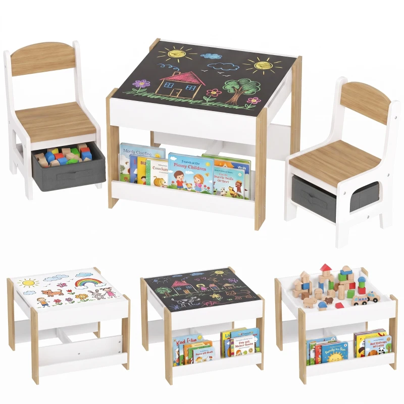 Qaba 3 Piece Kids Table and Chair Set with Reversible Tabletop, Blackboard, Storage, Bookshelf, for Playroom, Nursery Natural