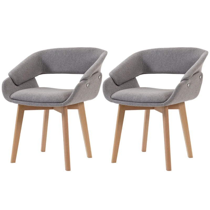 HOMCOM Dining Chairs Linen Fabric Upholstered Ergonomic Kitchen Chairs Beech Wood Legs Set of 2, Light Grey