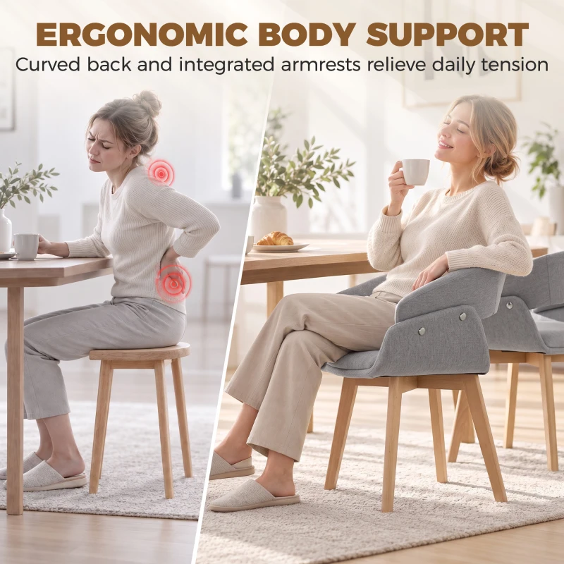 HOMCOM Dining Chairs Linen Fabric Upholstered Ergonomic Kitchen Chairs Beech Wood Legs Set of 2, Light Grey