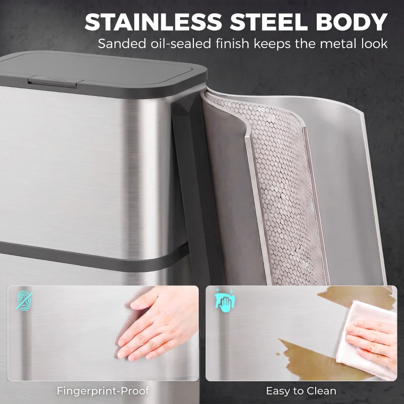 HOMCOM 15.9 Gallon/60 L Garbage Can, Slim Stainless Steel Trash Can with Bag Holder, Soft-Close Lid, Touch-Top Opening, Silver