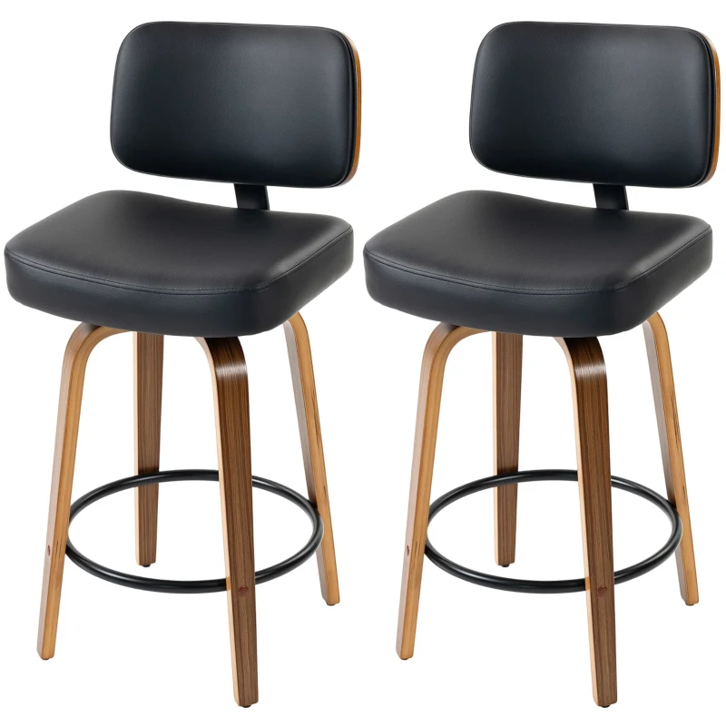 HOMCOM Bar Stools Set of 2 Modern Swivel PU Leather Upholstered Counter Height Bar Chairs, Black