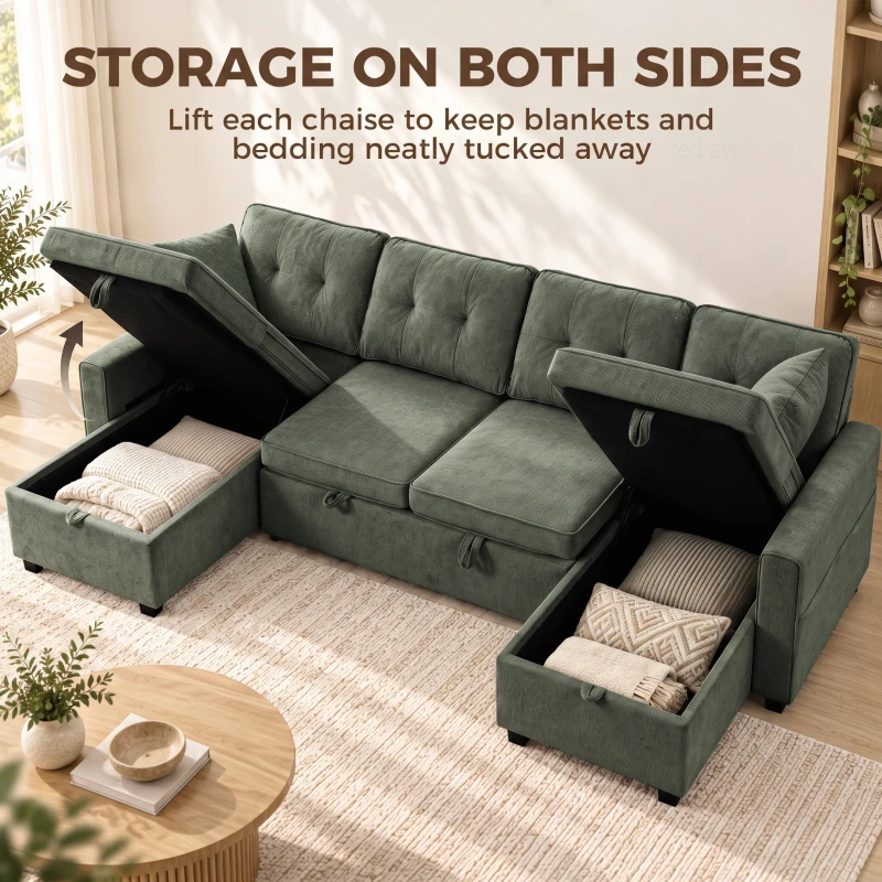 HOMCOM Sectional Sofa Bed, 113" U Shaped Pull Out Sleeper Sofa Bed with Dual Storage Chaises, Wide and Deep Seat, Green