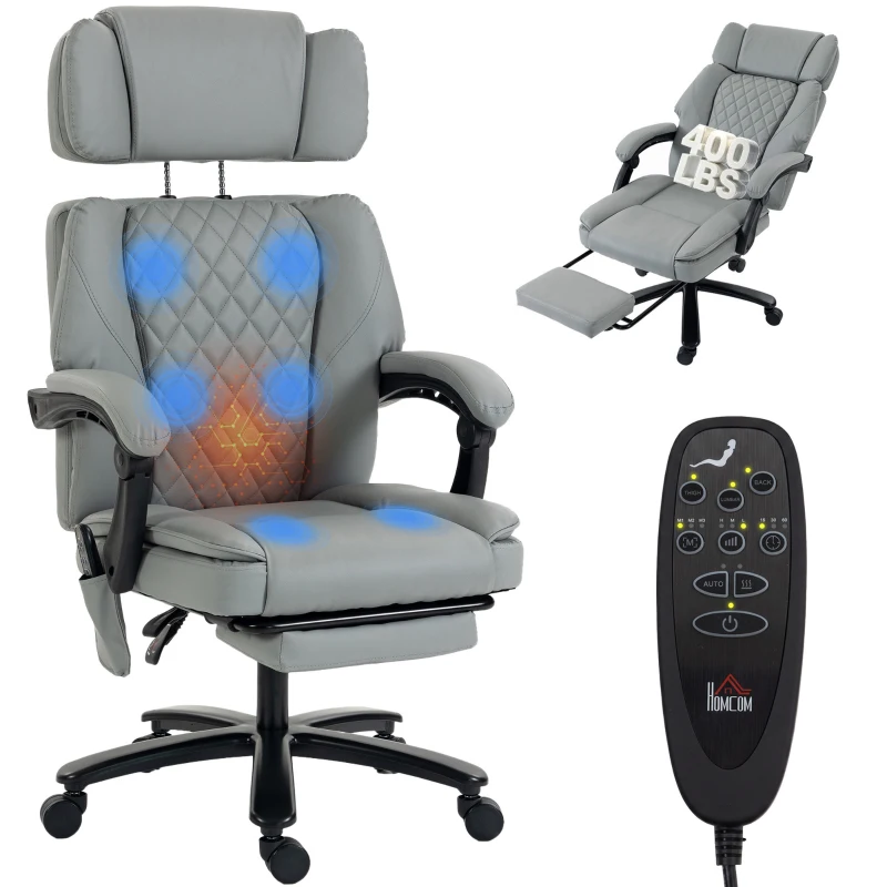 HOMCOM Massage Office Chair with Heat, 400lbs Heavy Duty Desk Chair with Adjustable Headrest, Reclining, Footrest, Light Gray