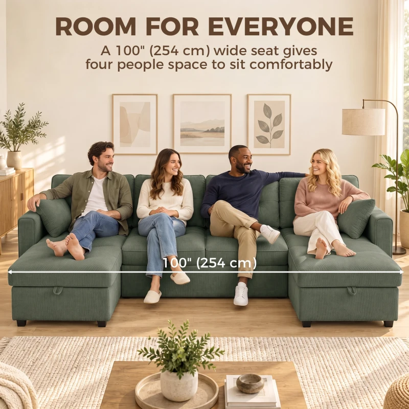 HOMCOM Sectional Sofa Bed, 113" U Shaped Pull Out Sleeper Sofa Bed with Dual Storage Chaises, Wide and Deep Seat, Green