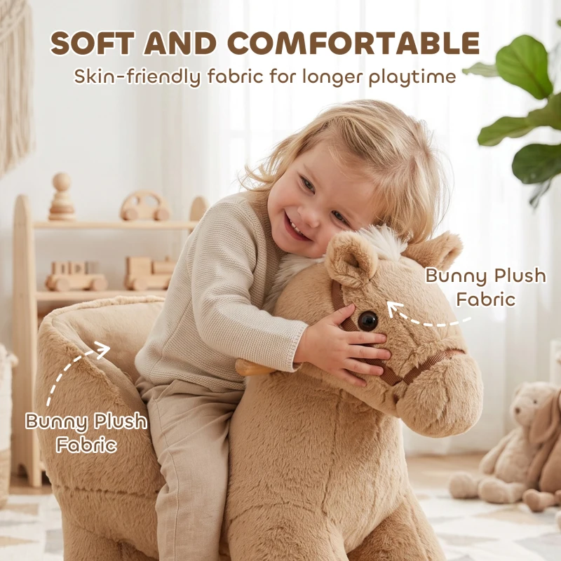 Qaba Rocking Horse with Seat Belt, Plush Ride-On Rocker with Realistic Sound for Toddlers Ages 18-36 Months, Brown