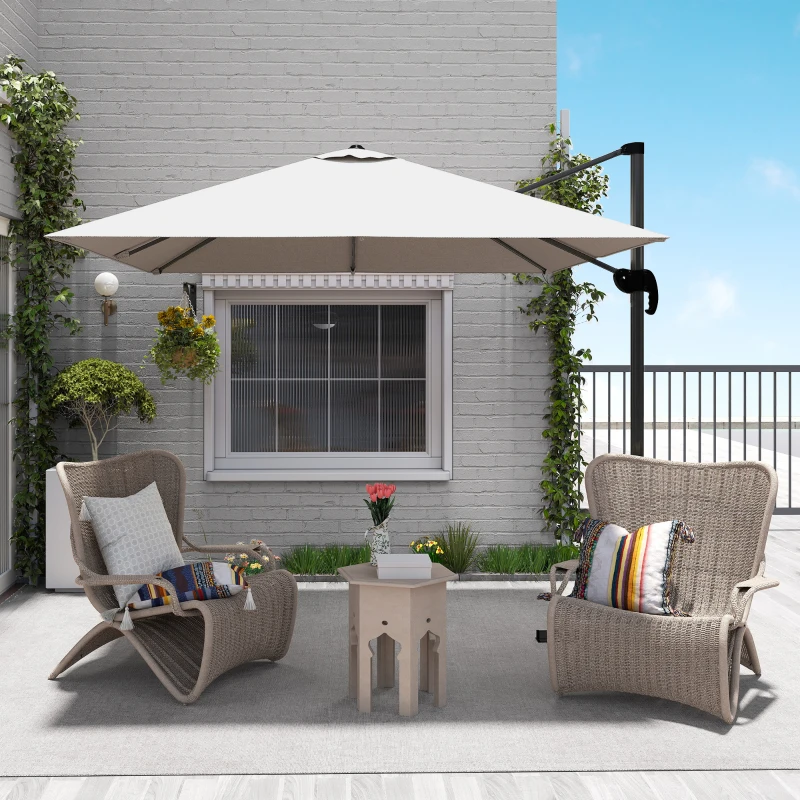 Outsunny 8' x 8' Square Patio Hanging Offset Umbrella with 360° Rotation, Aluminum Outdoor Cantilever Parasol with Crank & Tilt, Sun Canopy Shelter with Cross Base, White