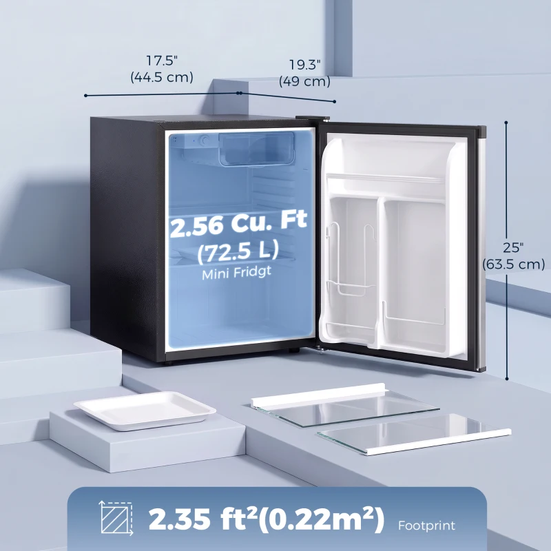 HOMCOM 2.6 Cu Ft Mini Fridge with Chiller Box, Single Door Compact Refrigerator, Adjustable Thermostat, Reversible Door, Silver
