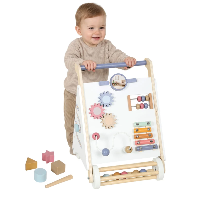 Qaba Wooden Baby Walker, Baby Push Walker w/ Adjustable Speed, Rear Storage for Learning to Walk, Gift for 1.5-3 Years, White