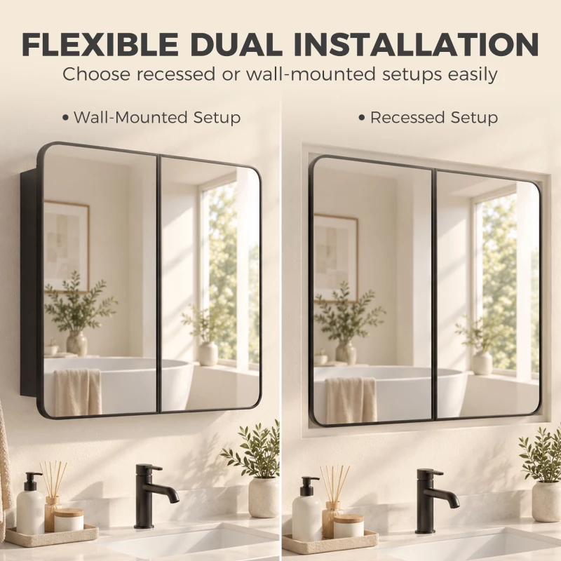 HOMCOM 30 x 24 Inch Bathroom Medicine Cabinet with Mirror, Adjustable Shelves, Wall-Mounted or Recessed, Black
