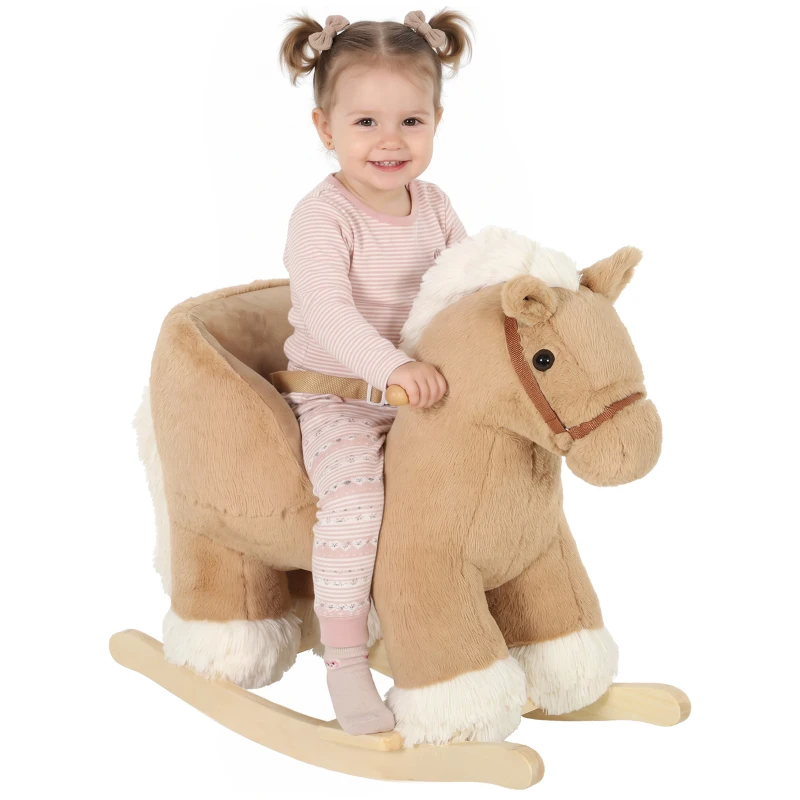 Qaba Rocking Horse with Seat Belt, Plush Ride-On Rocker with Realistic Sound for Toddlers Ages 18-36 Months, Brown