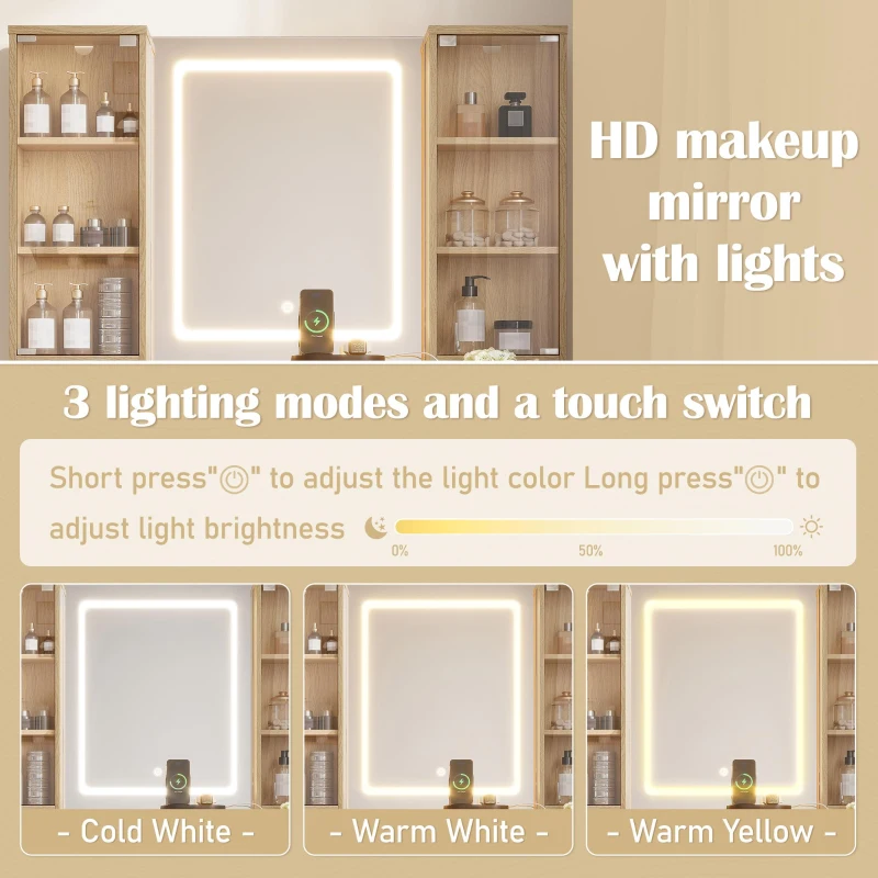 Elegant Fluted Dressing Vanity Desk with 3-Colour LED Mirror, Modern Makeup Table Unit with 10 Drawers, 43.5'' L x 15.5'' W x 54.5'' H, Oak