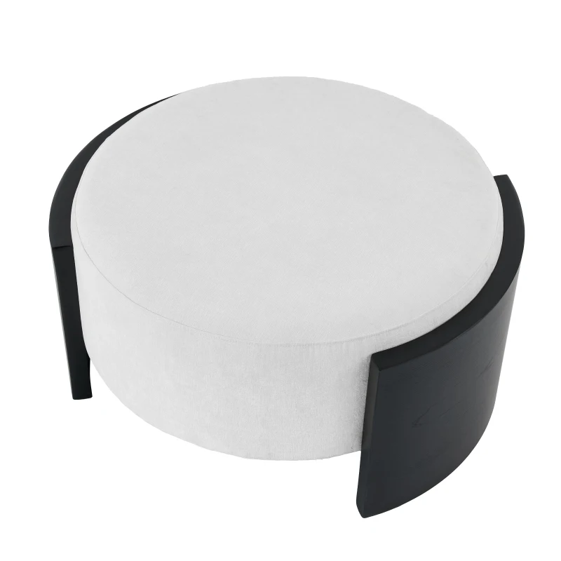 Chic Round Ottoman with Curved Wood-Grain and High-Density Foam, Versatile Coffee Table for Living Room, 32'' L x 32" W x 17.5" H, White+Black