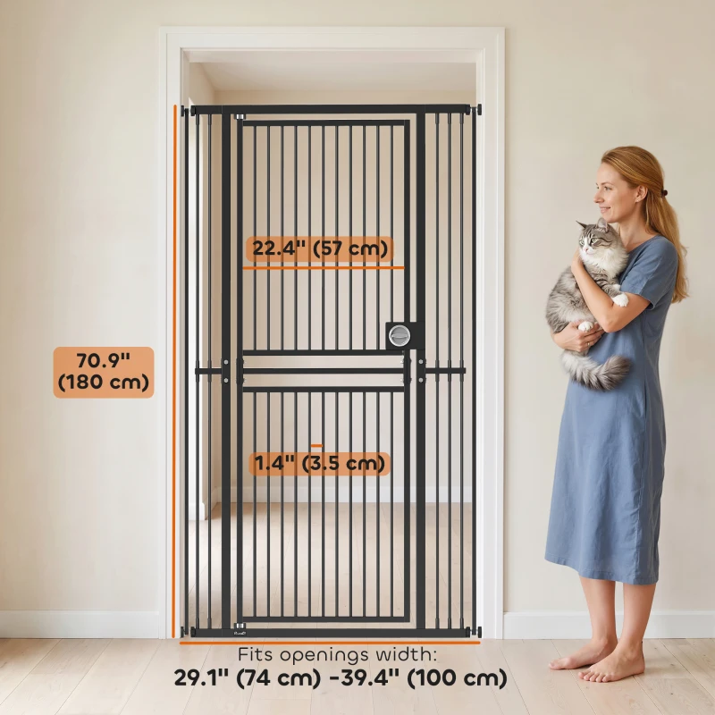 PawHut 71" Extra Tall Cat Gate,  29"-39" Wide Pet Gate with No Drilling, Narrow Spacing, Pull-Ring Latch, 2 Extension Kits