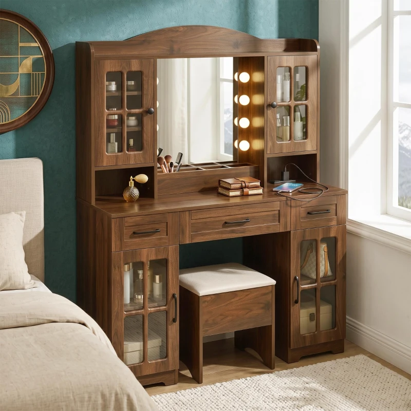 Farmhouse Makeup Vanity with Lighted Mirror and Power Outlet, Chic Dressing Table with Drawers and Stool, 47'' L x 15.5" W x 61.5" H, Walnut