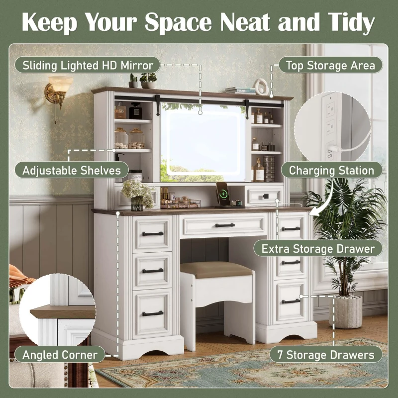 Farmhouse Dressing Vanity Desk with Sliding 3-Colour LED Mirror, Modern Makeup Table Unit with 9 Drawers, 47'' L x 15.5'' W x 55'' H, Brown+White
