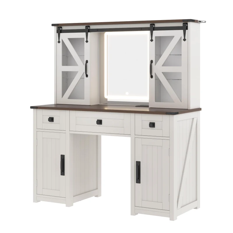 Farmhouse Dressing Vanity Desk with 3-Colour LED Lighted Mirror, Modern Makeup Table Unit with 3 Drawers, 43.5'' L x 15.5'' W x 53.5'' H, Beige