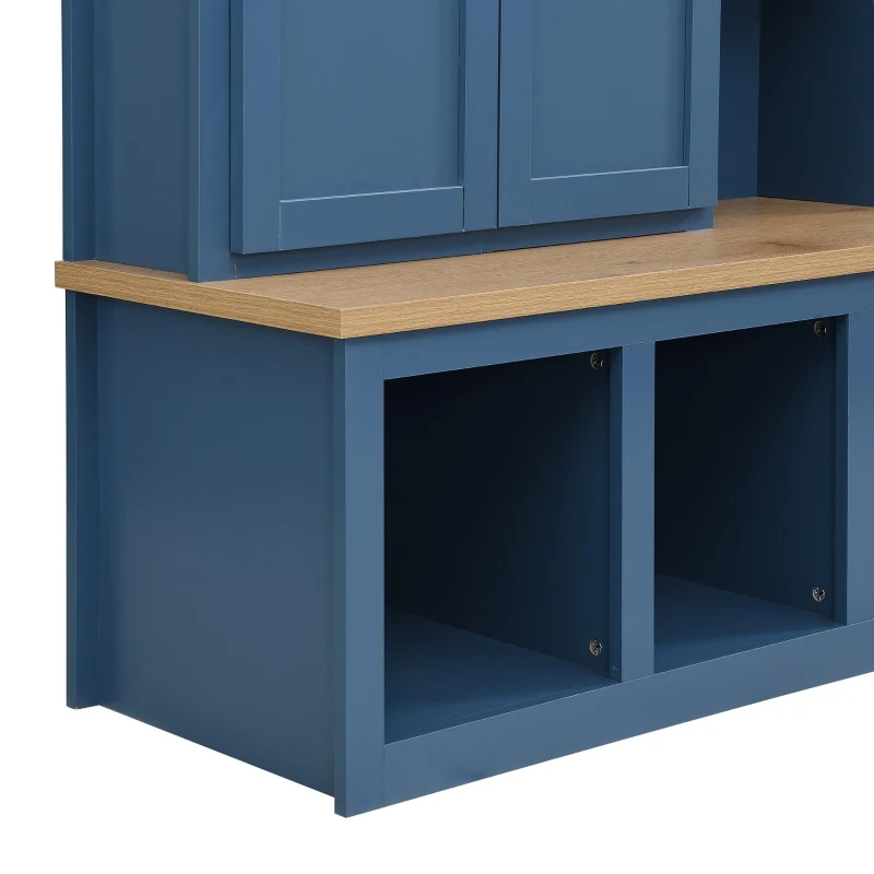 Rustic 4-in-1 Hall Tree Coat Rack with 4 Cabinets and 6 Sturdy Hooks, Shoe Storage Bench Unit for Mudroom, 63'' L x 15.5'' W x 76.5'' H, Blue