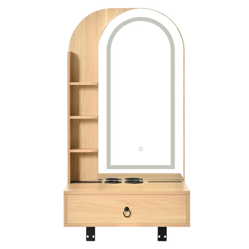 Modern Floating Makeup Vanity with Arched Mirror, Outlet and 3-Color Lights, Versatile Wall Vanity for Bedrooms, 23'' L x 15.5" W x 48" H, Natural