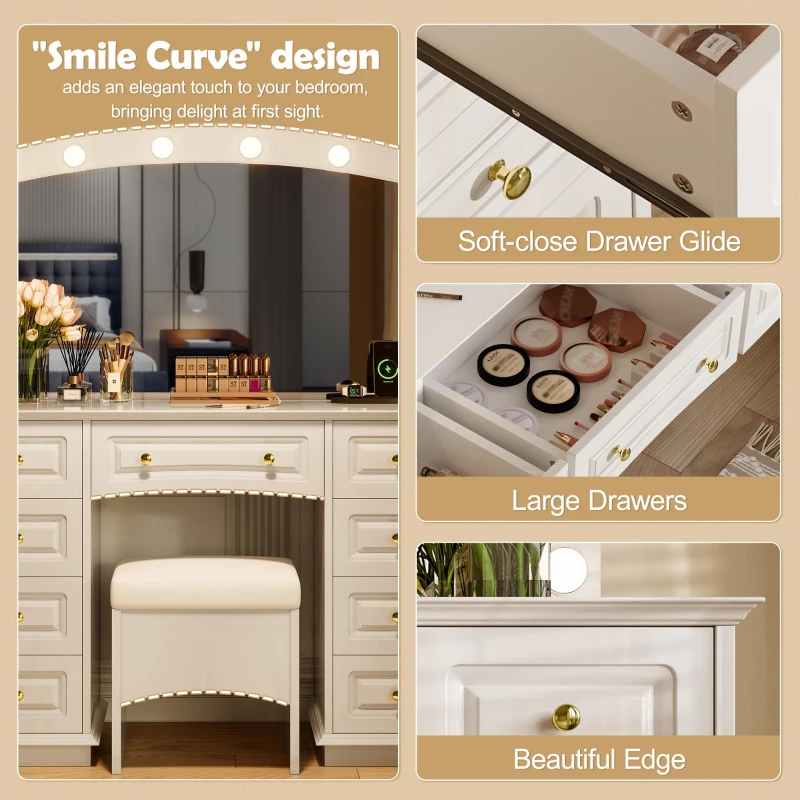Luxurious Dressing Vanity Desk with 10 Hollywood Bulbs, Modern Makeup Table Set with 9 Storage Drawers, 44'' L x 15.5'' W x 53.5'' H, White
