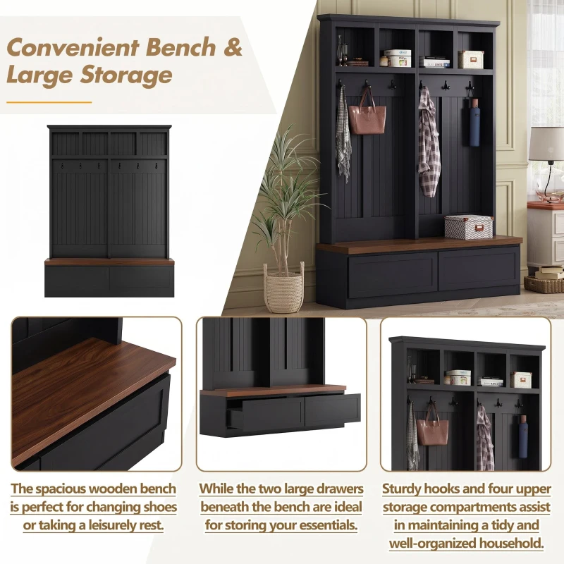 Rustic Farmhouse 4-in-1 Hall Tree Coat Rack with 2 Large Drawers, Shoe Storage Bench Unit with 6 Hooks, 53'' L x 15'' W x 75.5'' H, Black