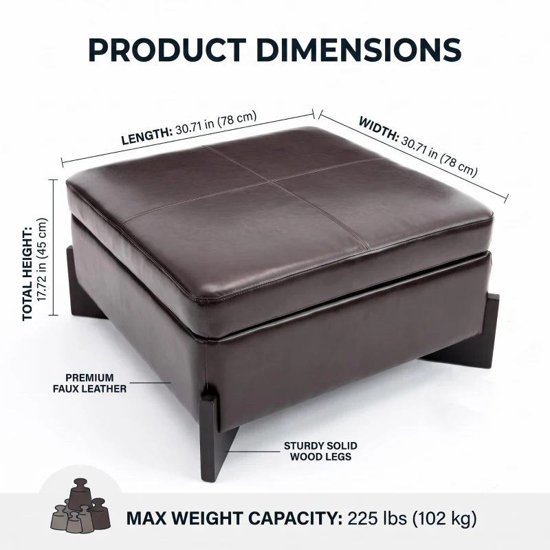 Modern Large Square Ottoman with PU Leather and Hidden Storage, Versatile Coffee Table for Living Room, 30.5'' L x 30.5" W x 17.5" H, Dark Brown