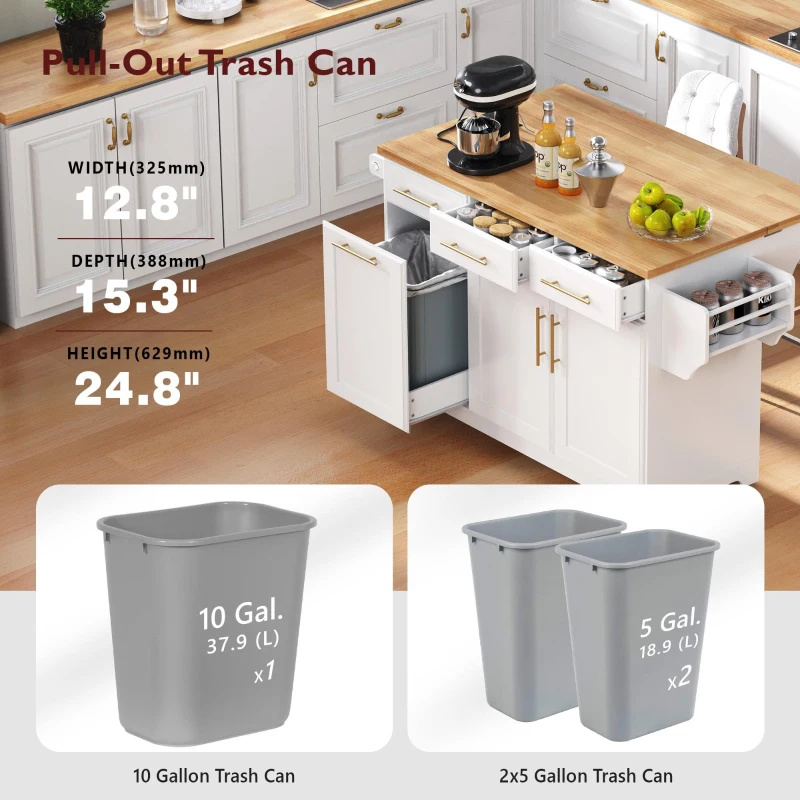 Vintage Kitchen Island with Trash Storage and Organizers, Versatile Rolling Cart with Power Outlet and Spice Rack, 59'' L x 29.5" W x 35.5" H, White