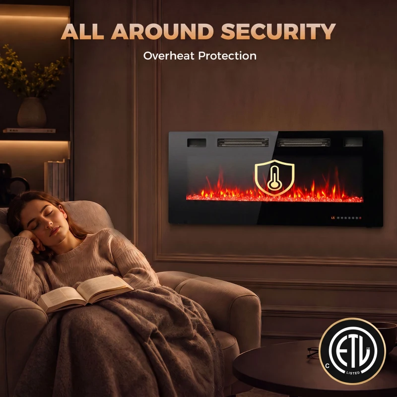HOMCOM 50" Electric Fireplace, Ultra-Thin Recessed, Wall Mounted and Freestanding Fireplace w/ Flame Effect, 750W/1500W, Black