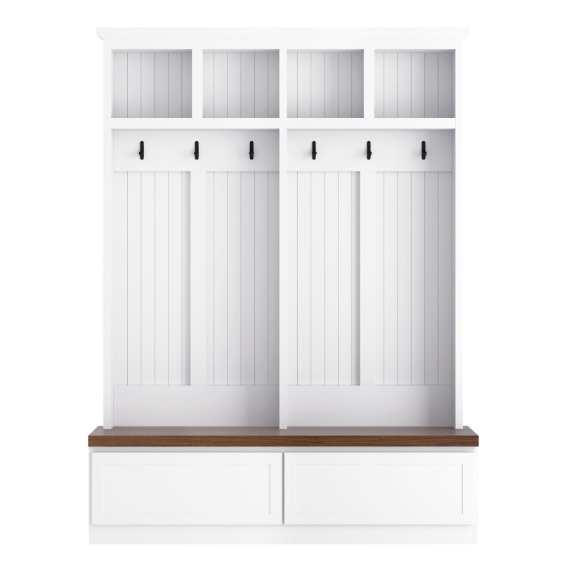 Rustic Farmhouse 4-in-1 Hall Tree Coat Rack with 2 Large Drawers, Shoe Storage Bench Unit with 6 Hooks, 53'' L x 15'' W x 75.5'' H, White