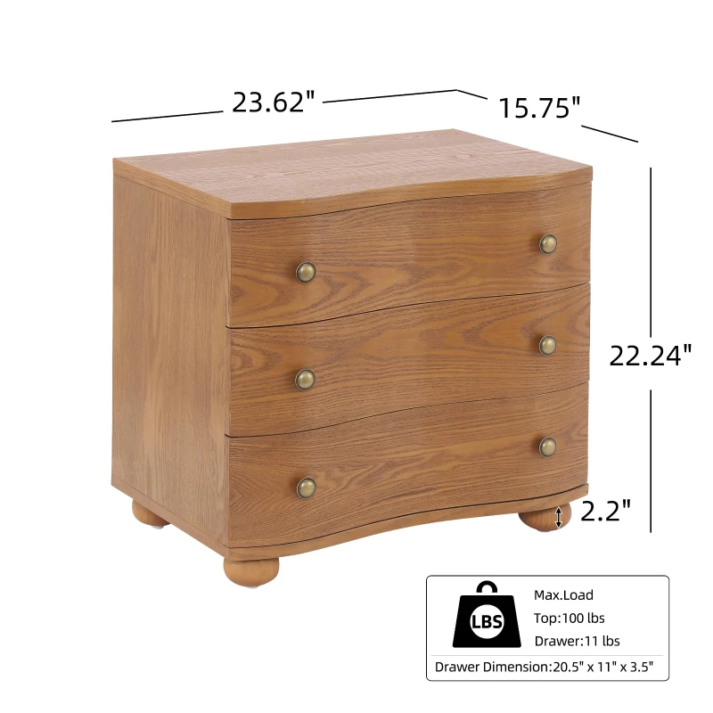Retro Modern Nightstand with 3 Wave Drawers, Wooden Bedside Storage Table with Bulbous Feet, 23.5'' L x 15.5'' W x 22.5'' H, Brown