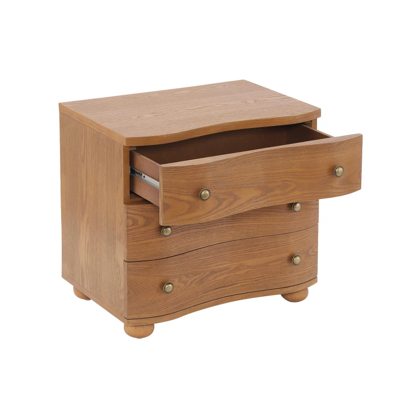 Retro Modern Nightstand Set of 2 with 3 Wave Drawers, Wooden Bedside Storage Tables with Bulbous Feet, 23.5'' L x 15.5'' W x 22.5'' H, Brown