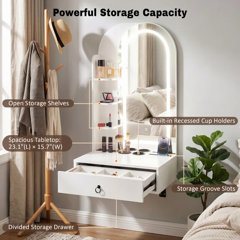 Modern Floating Makeup Vanity with Arched Mirror, Outlet and 3-Color Lights, Versatile Wall Vanity for Bedrooms, 23'' L x 15.5" W x 48" H, White