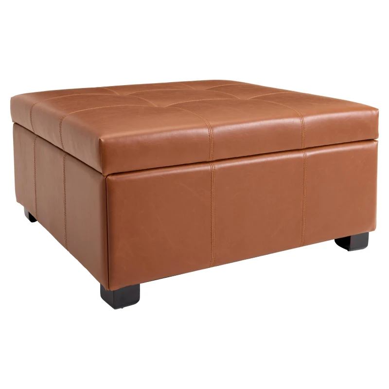 Retro-Chic Square Ottoman with Storage and Faux Leather, Versatile Coffee Table for Living Room and Bedroom, 34'' L x 34" W x 18.5" H, Caramel