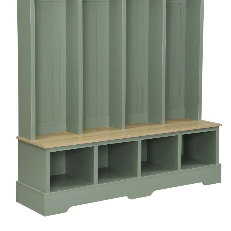 Farmhouse Hall Tree Coat Rack with 8 Retro Hooks, Shoe Bench Unit with 8 Storage Compartments, 59'' L x 15.5'' W x 76.5'' H, Mint Green