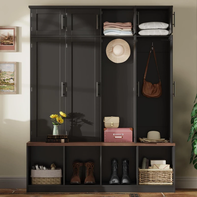 Rustic Farmhouse Hall Tree with 8 Storage Doors, Heavy-Duty Shoe Storage Bench Unit with 4 Bottom Compartments, 59'' L x 15.5'' W x 75'' H, Black