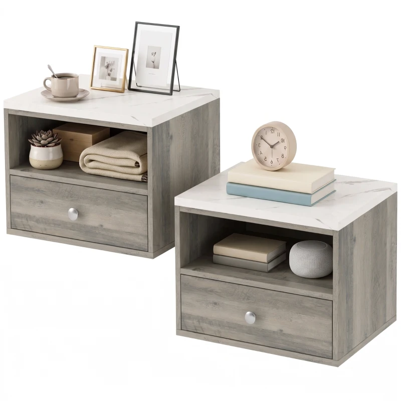 HOMCOM Floating Bedside Tables Set of 2 with Drawer, Open Storage and White Marble Effect Top for Bedroom, Natural