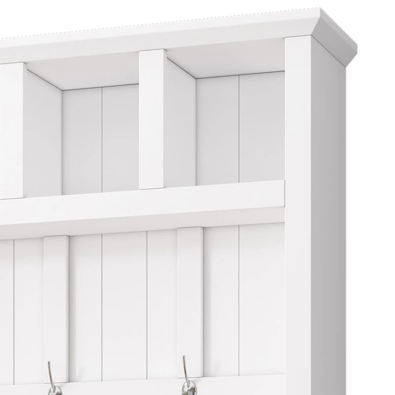 Farmhouse Hall Tree Coat Rack with 13 Compartments, Shoe Storage Bench Unit with Wide Storage Seating Bench, 59'' L x 18'' W x 79'' H, White