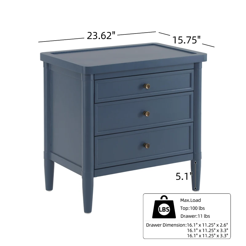 Modern Farmhouse Nightstand with 3 Storage Drawers, Wooden Bedside End Table with Tapered Legs, 23.5'' L x 15.5'' W x 24.5'' H, Blue