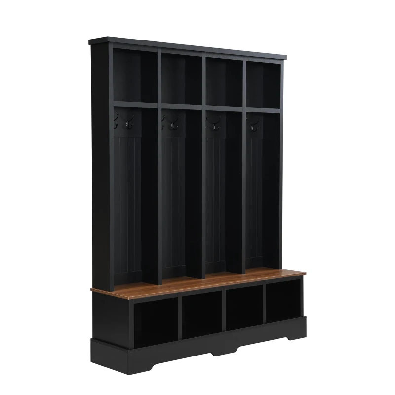Farmhouse Hall Tree Coat Rack with 8 Retro Hooks, Shoe Bench Unit with 8 Storage Compartments, 59'' L x 15.5'' W x 76.5'' H, Black