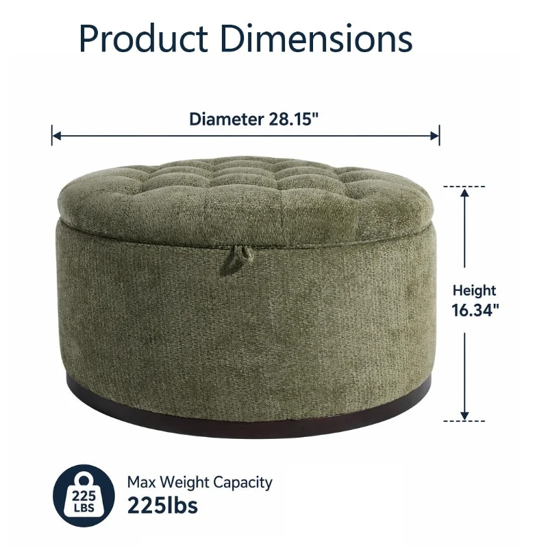 Elegant Round Storage Ottoman with Tufted Chenille and Removable Lid, Versatile Coffee Table for Living Room, 28'' L x 28" W x 16.5" H, Green