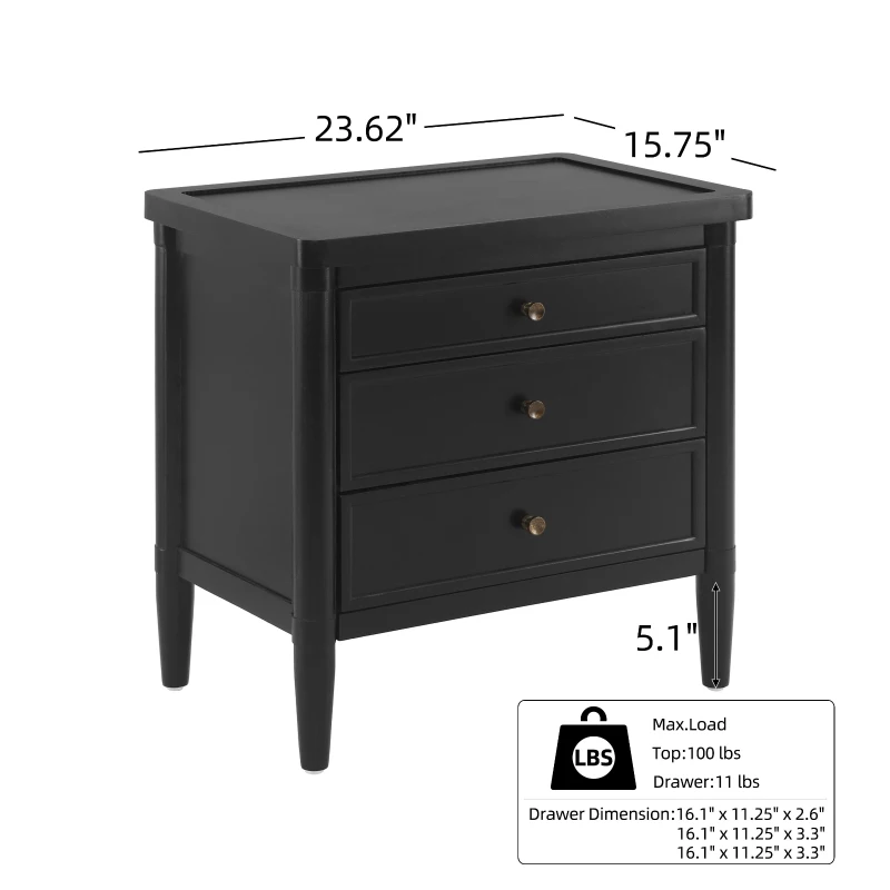 Modern Nightstand with 3 Drawers and Brass Handles, Chic Storage Cabinet with Solid Wood Frame, 23.5'' L x 15.5" W x 24.5" H, Black